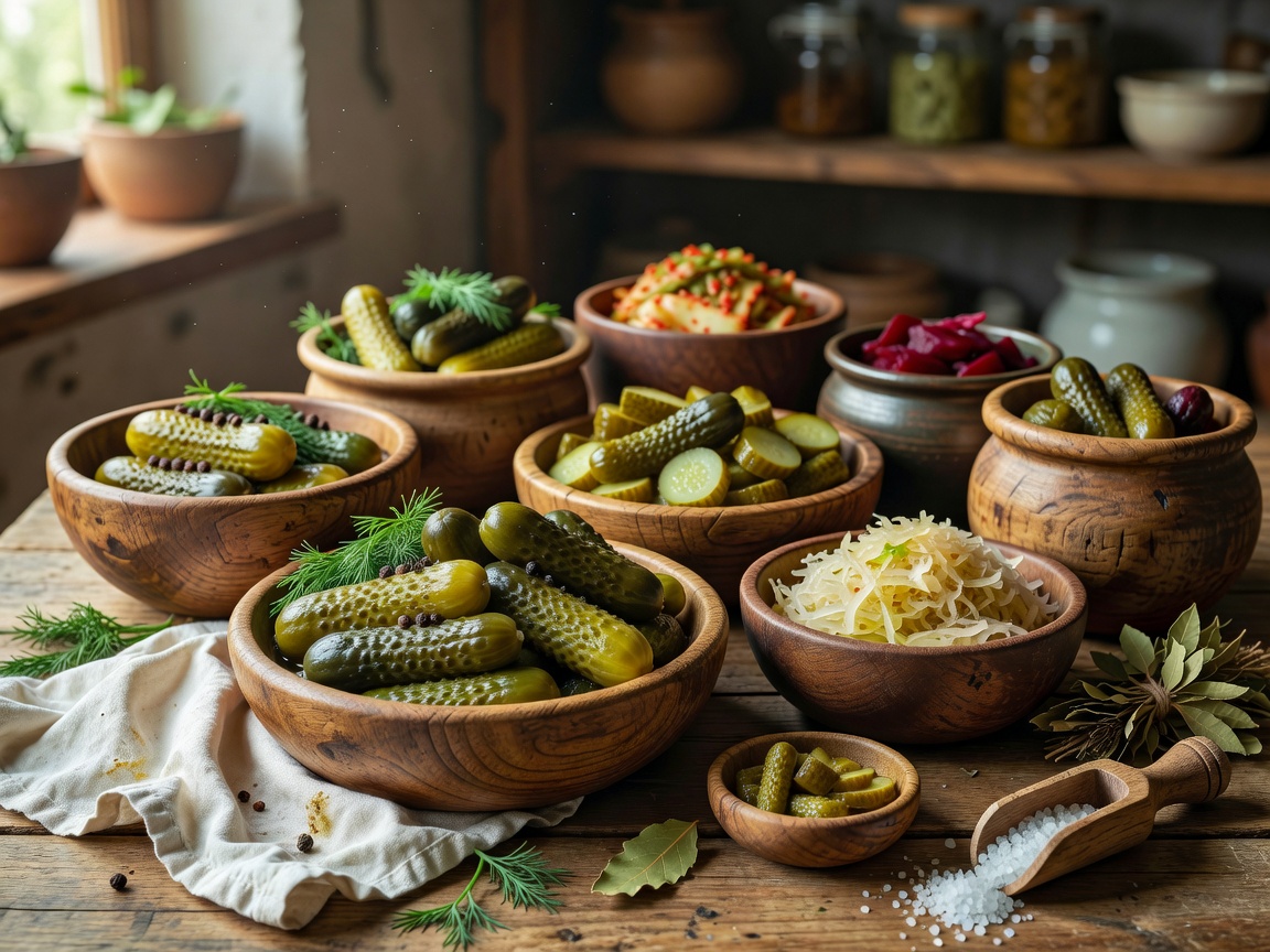 Artisanal fermented foods, pickles, and traditional wooden bowls