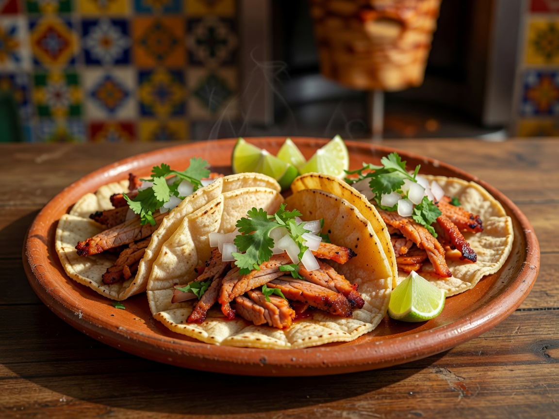 Tacos al Pastor served with pineapple, chopped cilantro, onion and red salsa