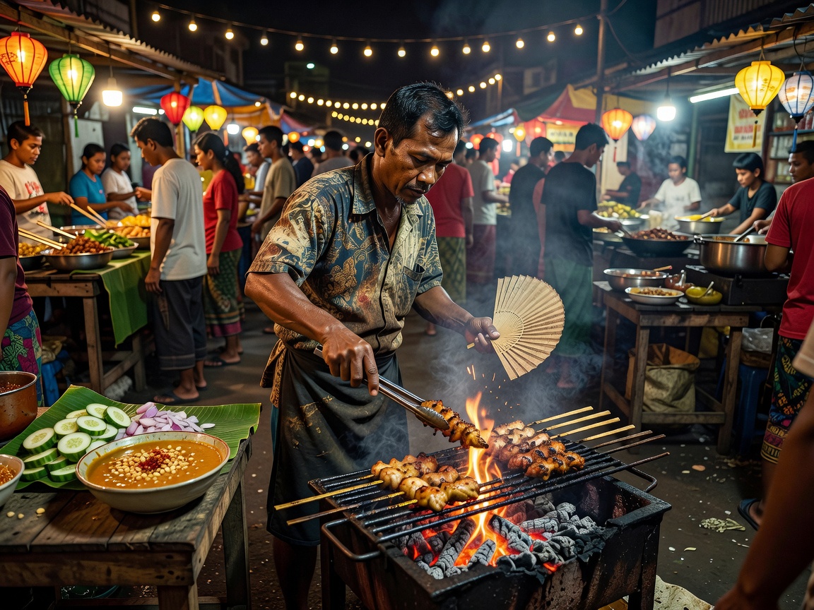 Bustling Southeast Asian street food night market vendor cooking satay