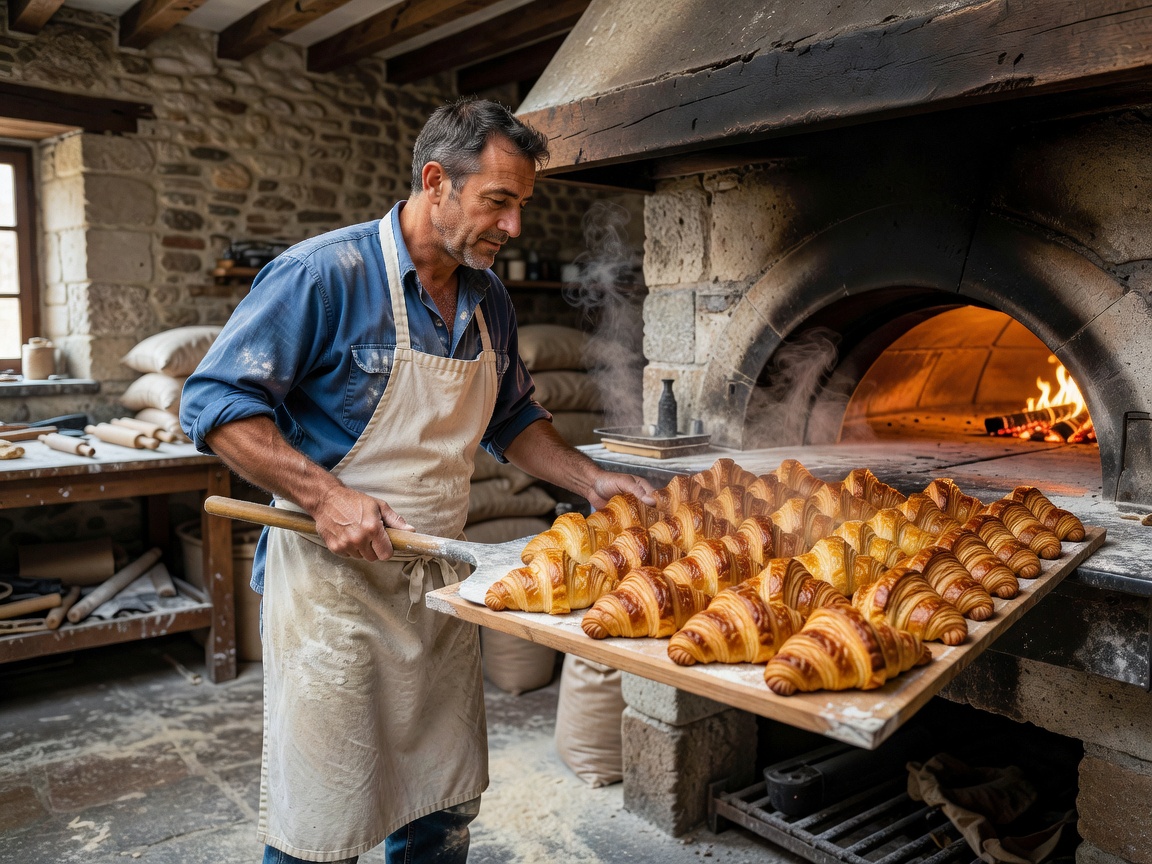 French baker removing fresh golden croissants from artisan bakery oven