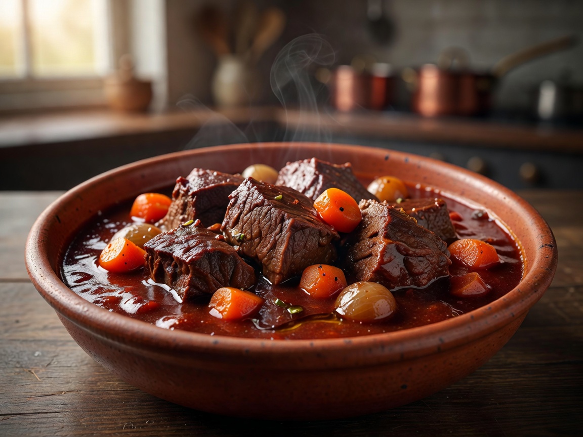 French Beef Bourguignon stew with braised beef and carrots in red wine gravy