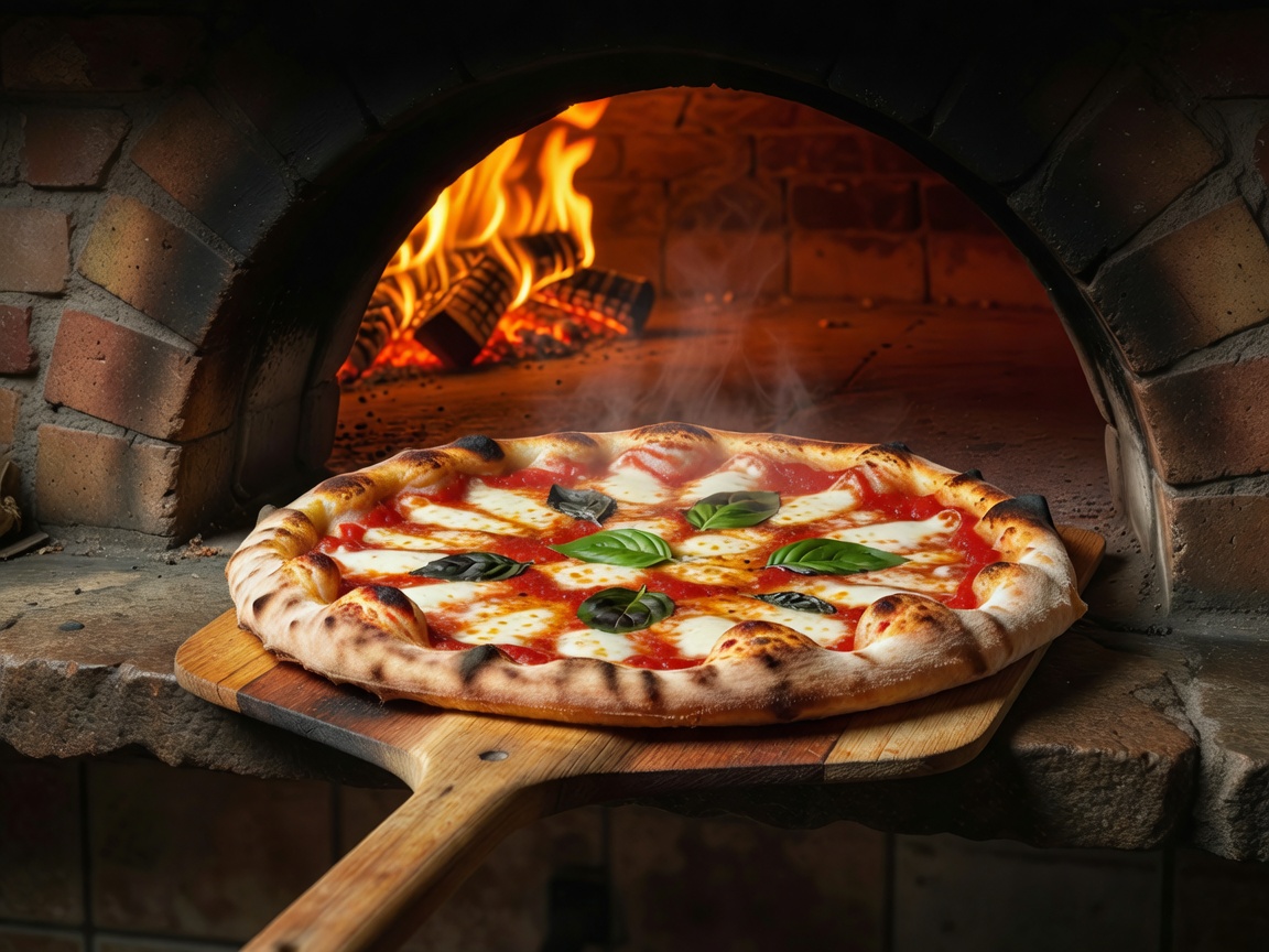 Fresh Neapolitan Pizza Margherita coming out of wood-fired oven with bubbly cornicione