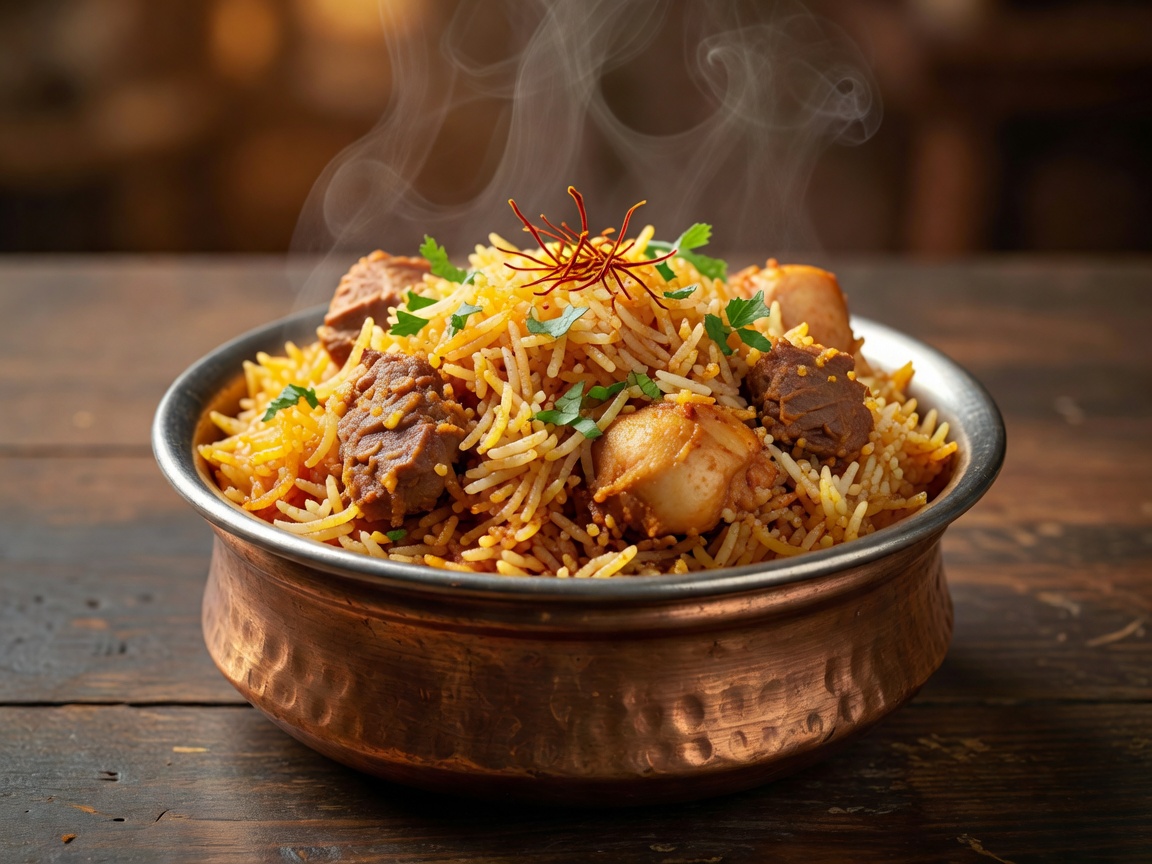 Hyderabadi Dum Biryani served in traditional copper vessel with saffron rice
