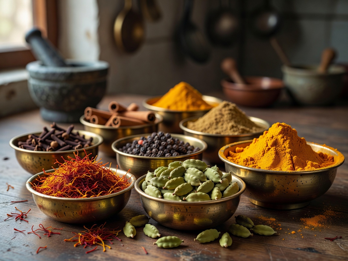 Indian spices array in brass bowls including saffron, cardamom, and turmeric