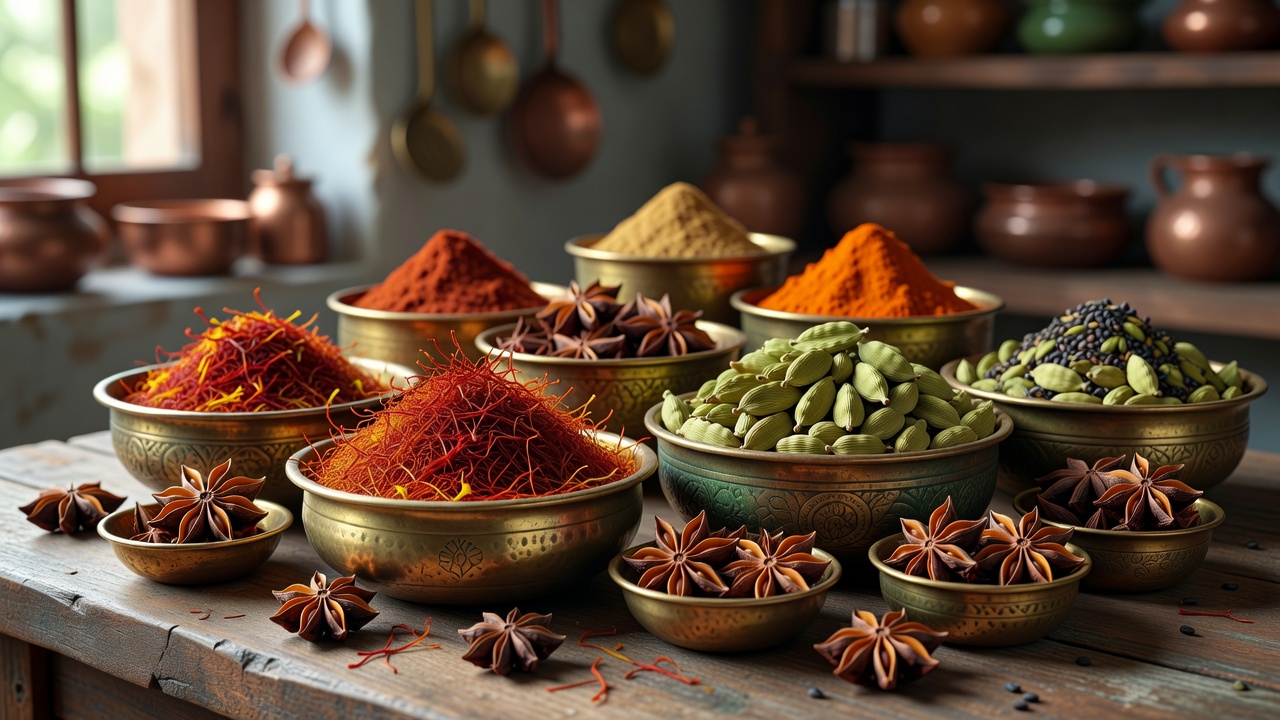Indian spices including saffron, cardamom pods, and star anise in traditional brass bowls