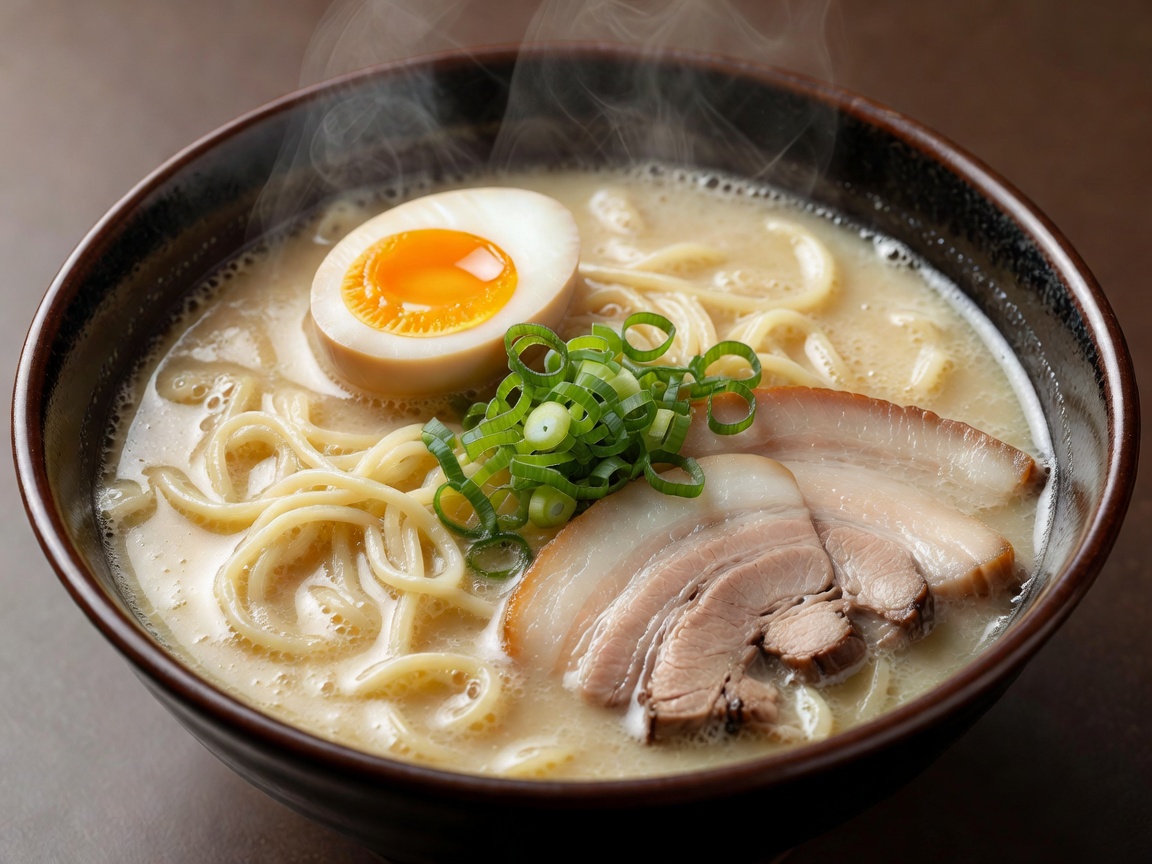 Japanese Tonkotsu Ramen bowl with chashu pork, soft boiled egg, nori and spring onions