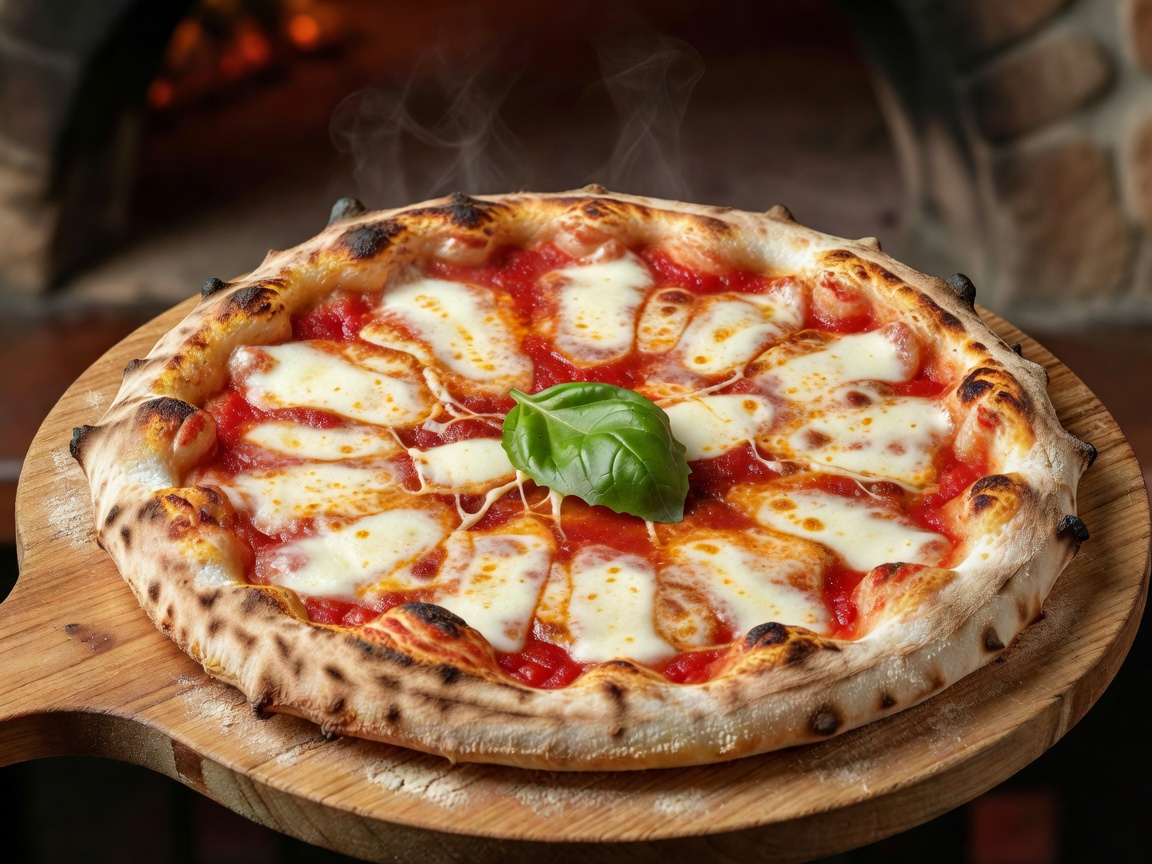 Authentic Neapolitan Pizza Margherita with fresh basil and mozzarella baked in wood-fired oven