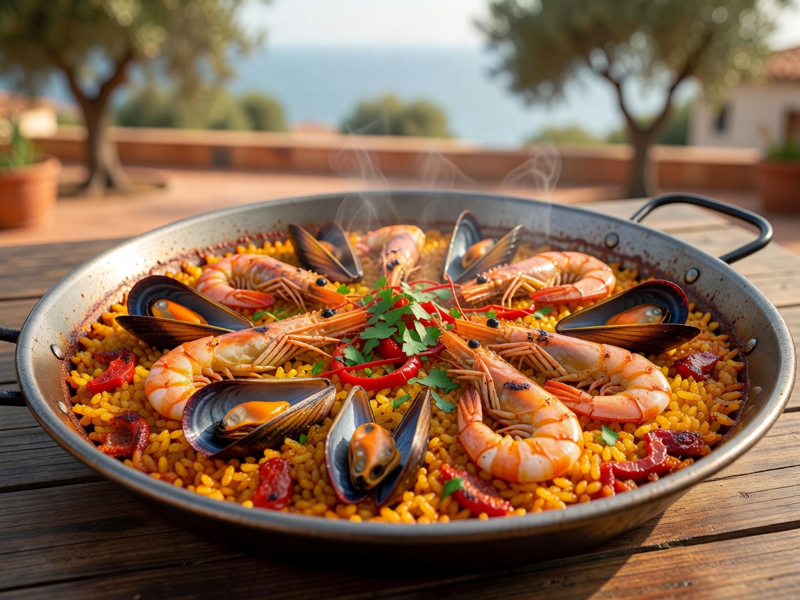Traditional Spanish Seafood Paella with prawns and mussels